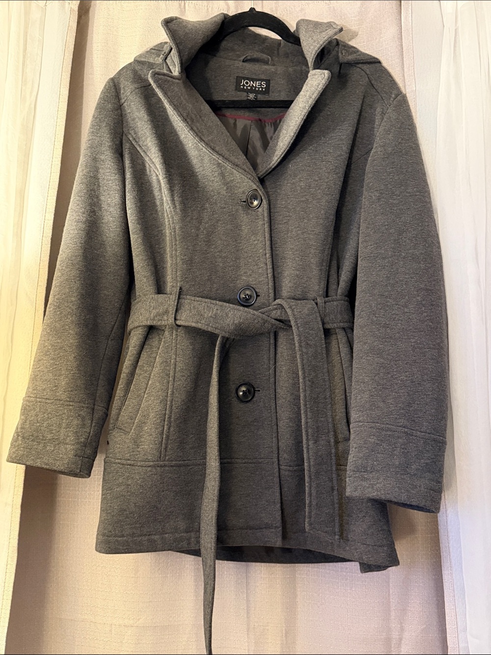 Jones New York Gray Belted Hooded Trench Coat